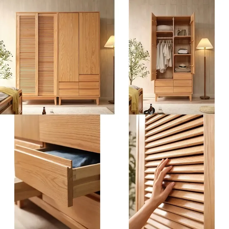 Modern Nordic Solid Wood Oak 2 Door Wardrobe with Swing Doors and 5 Shelves for Bedroom Home Office Hotel Villa Storage