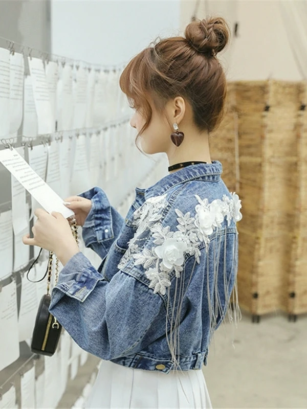 

Tassel Trim Denim Jaet ort Loose Fit Spring Autumn Women's Faion Embroidery Batwing Sve Korean Sle Casual Coat