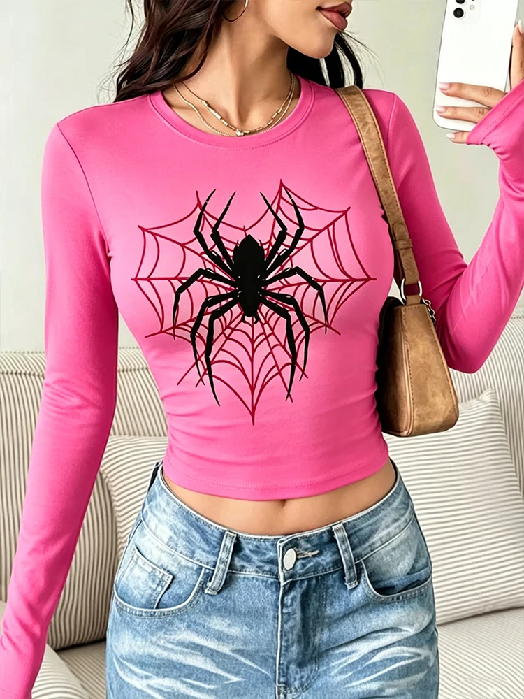 American Spider Rotes Spinnennetz-Print Langarm-T-Shirt für Damen - Rundhals Enganliegendes Kurzarm-T-Shirt mit Tiefem Ausschnitt und Stretch – Detail 8