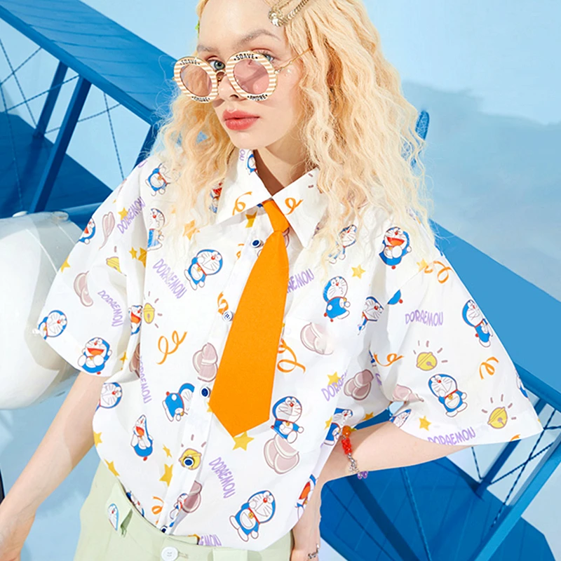 High Quality Cool Tie Anime Cute Blouse Japan Kawaii Button Up Shirts Men Women Short Sleeve Tops Summer Beach Hawaii Large 2XL