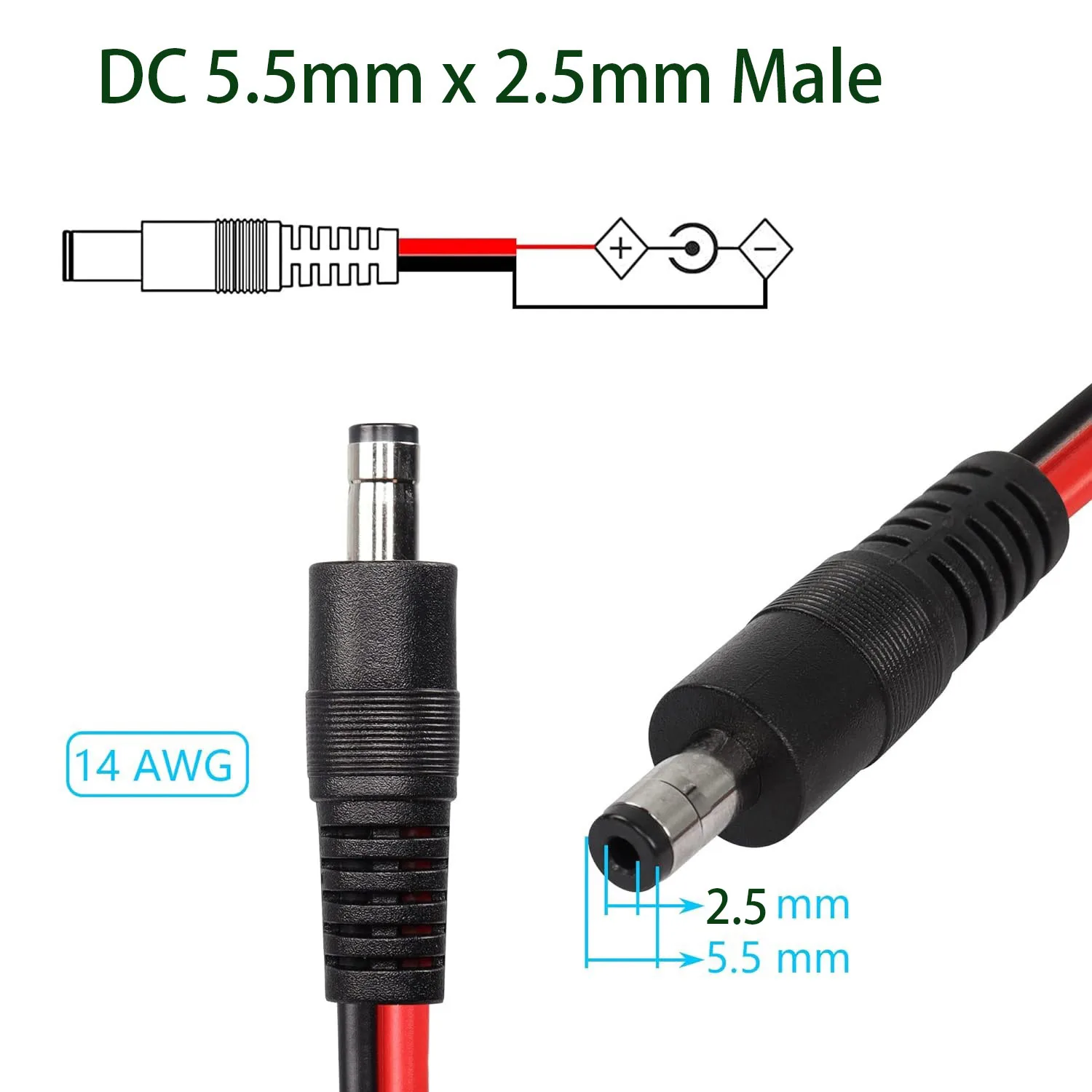 2 ชิ้น DC 5.5 มิลลิเมตร x 2.5 มิลลิเมตรชาย Pigtail 14AWG Bare ลวดปลายเปิดสายซ่อมสายกล้องวงจรปิดความปลอดภัยกล้อง LED Strip Light