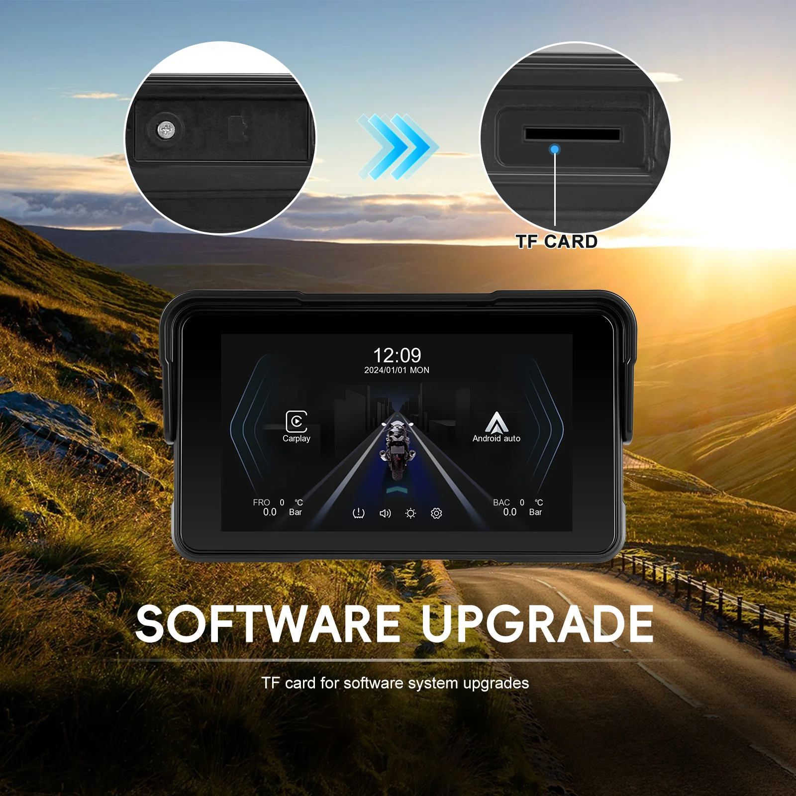 Podofo Motorrad Kabelloses Carplay Android Auto 5'' Smart Screen Player IP68 Wasserdicht Reifendrucküberwachung Helligkeitseinstellung – Detail 5