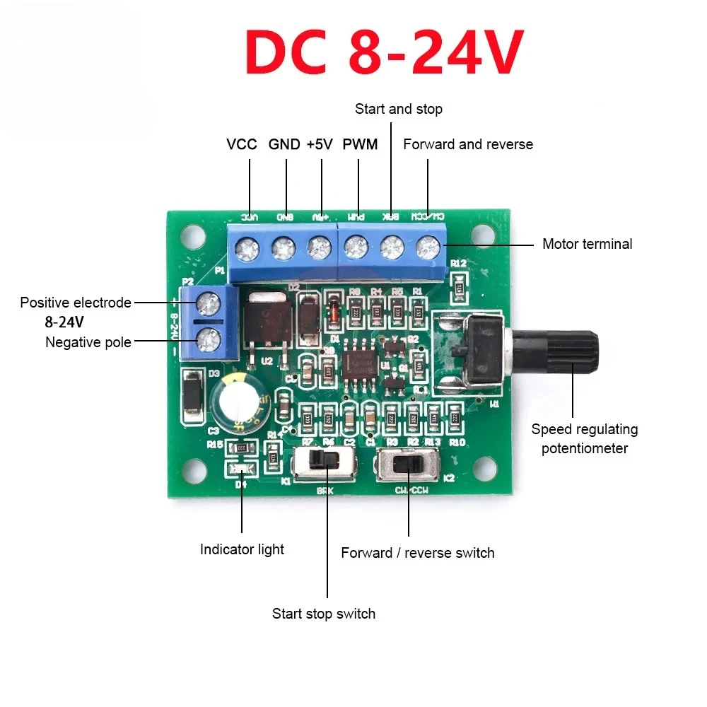 DC8-24V Brushless DC Motor Speed Controller Driver PWM Speed Control Board Pinpoint Regulator Forward And Backward Control 18KHz