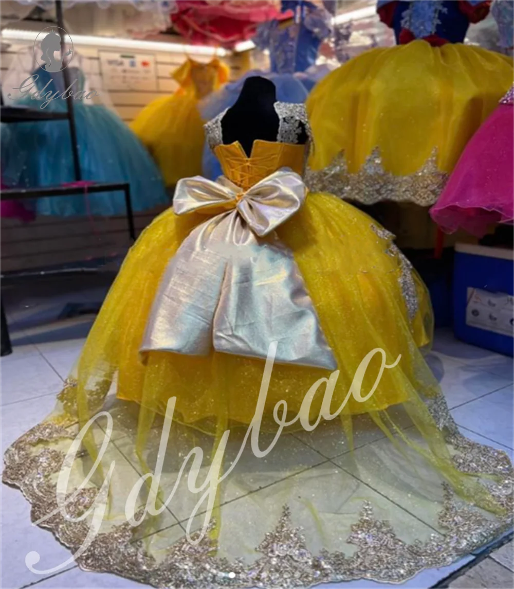 Gold Girls Elegance Dress New 2025 Tulle Tiered Flower Girl Dresses Toddlers Satin Bow Lace Pageant Formal Attire Activities