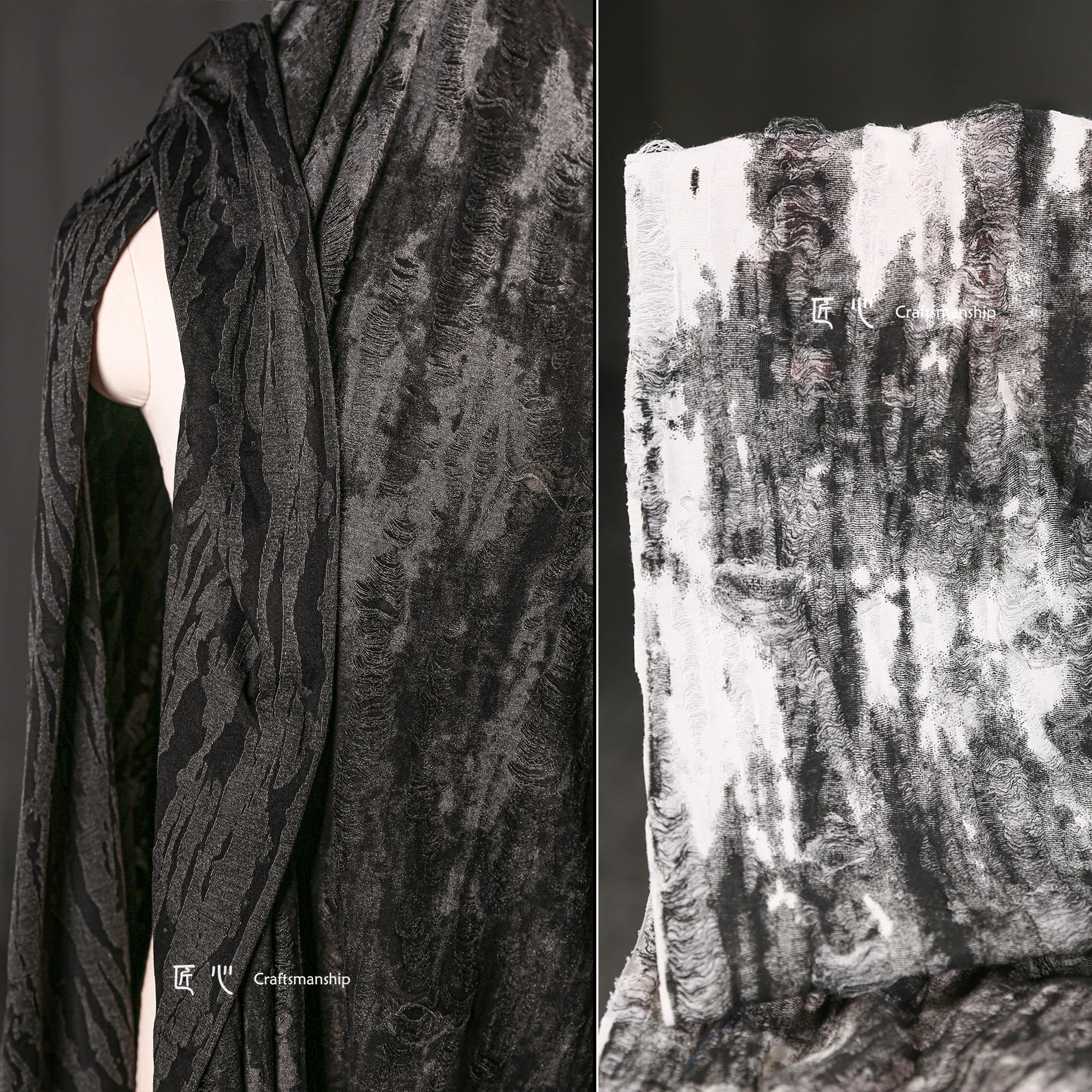 Dark gray ink, ripped texture, tie-dye, knitted fabric, culottes, sweater, cardigan, jacket, clothing designer fabric.