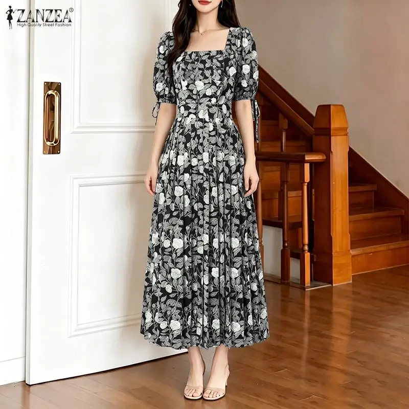 ZANZEA Modisches Sommerkleid mit Blumenmuster für Damen, quadratischer Ausschnitt, Partykleider, kurzärmelig, plissiert, Robe Bohemain, Urlaubskleid