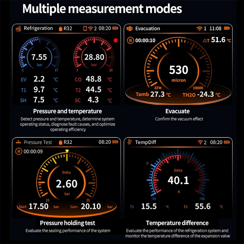 UNI-T UT336E KIT Digital Manifold Gauge with 2 Wireless Temperature Clamps UT320I for Automobile AC Maintenance Pressure Meter
