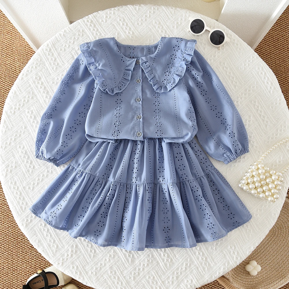 Bear Leader Korean Version Purple Flower Embroidery Long Sleeved Girls Clothes Sweet Lapel Shirt Top+Short Skirt Children's Set