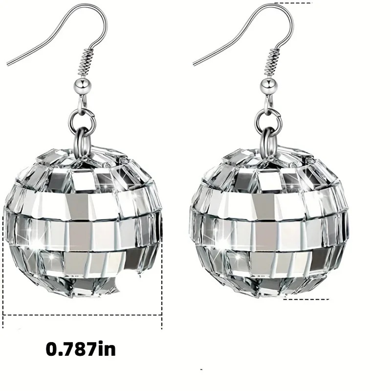 Mirror Disco Ball Dangle Hook Earrings Silver Plated Retro Y2K Party Sparkly Club Women Jewelry