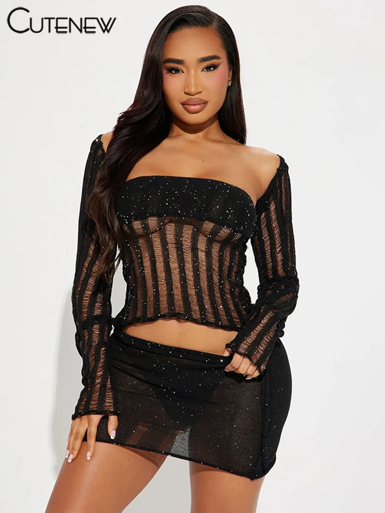 Cutenew Crochet Sequin 2 Piece Set Women Fall Full Sleeve Square Neck Splice Tops+Bandage Hip Skirts Female Sexy Matching Outfit