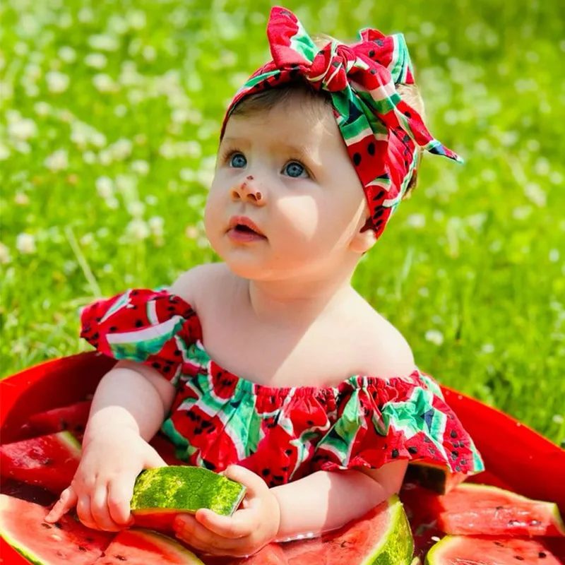 Baby Mädchen Rosa Wassermelonen-Print Strampler Säugling Rüschen-Body mit Stirnband Neugeborenen Rotes Wassermelonen-Karnevalskostüm – Detail 17