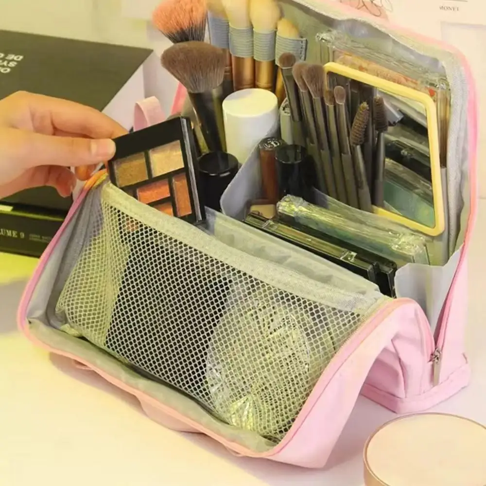 

Portable Cosmetics Storage Bag Solid Color PU Standing Pencil Case Large Capacity Multi-Layer Cosmetic Organizer Women