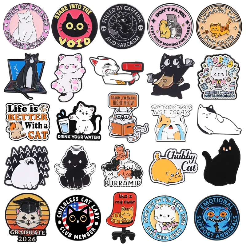 Cute Cat Collection Enamel Pins Barista Black Cat Stack of Cats Chubby Calico Cat AuDHD Kitten Brooch Cartoon Animal Badge Gifts
