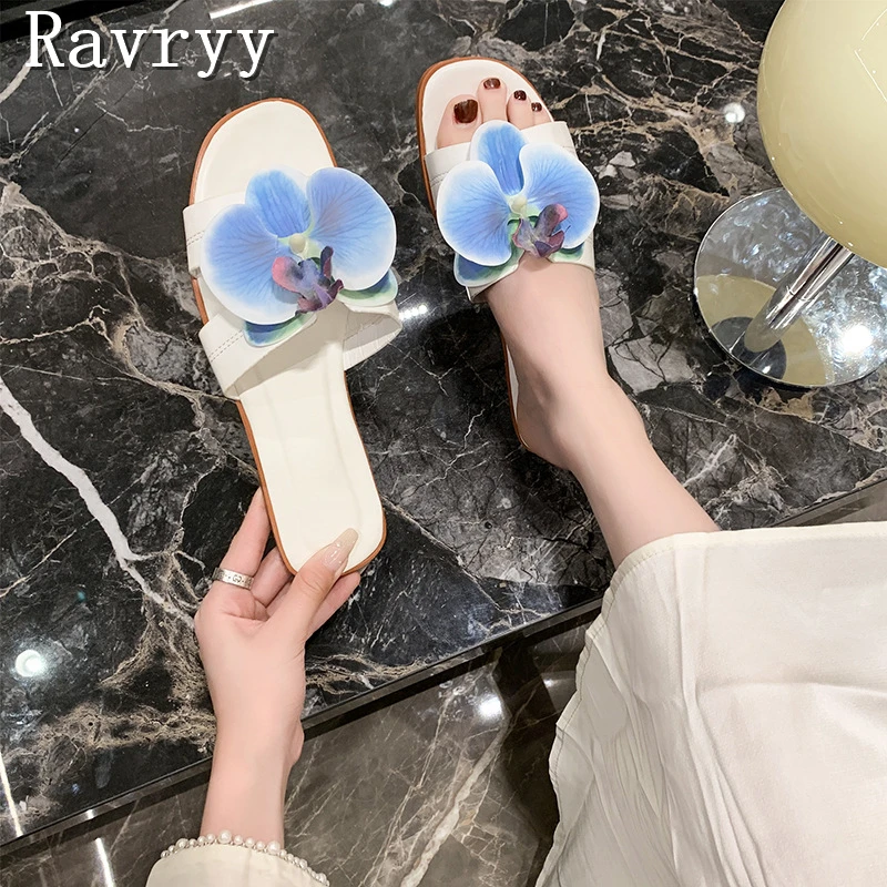 Summer New Butterfly Orchid Decor Slippers Designer Round Toe Flats Soft Sole Women's Mules Girls Outside Beach Shoes