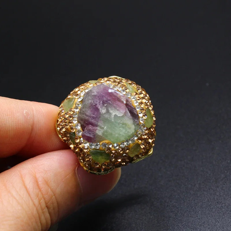 Polly Boho Women Jewelry Pure Gold Color Large Raw Natural Crystal Fluorite Amethysts Aquamarine Adjustable Rings