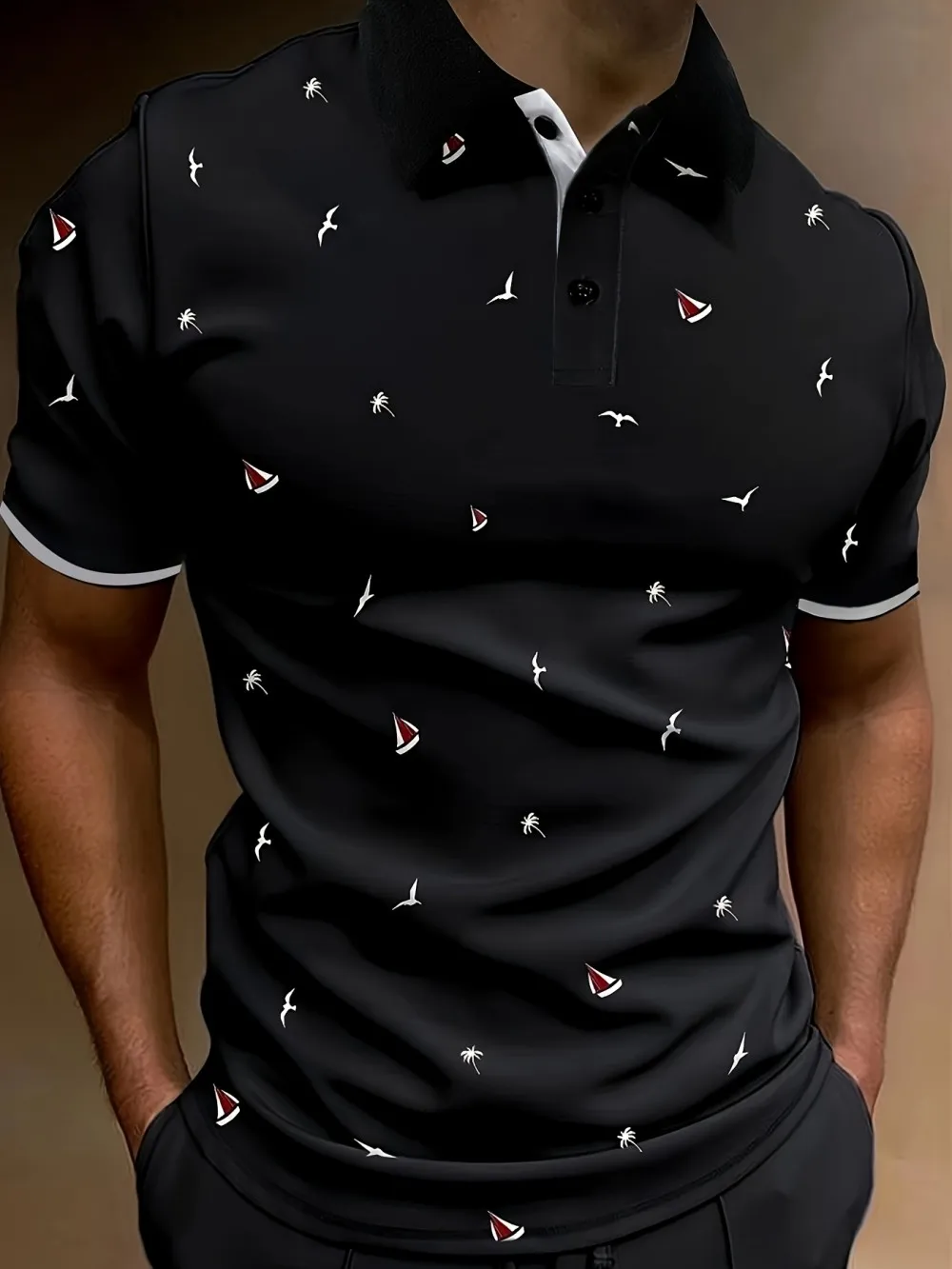 European and American Men's Summer Golf Sailboat Print Micro Elastic Breathable Polo Short Sleeved T-Shirt Outdoor Casual Top