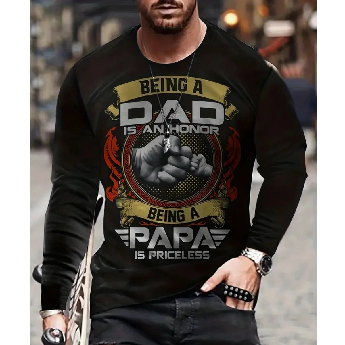 Funny Fist Printed Men's T Shirt Hip Hop Trendy Harajuku Streetwear Casual Round Neck Long Sleeve T-shirt Fashion Loose Pullover
