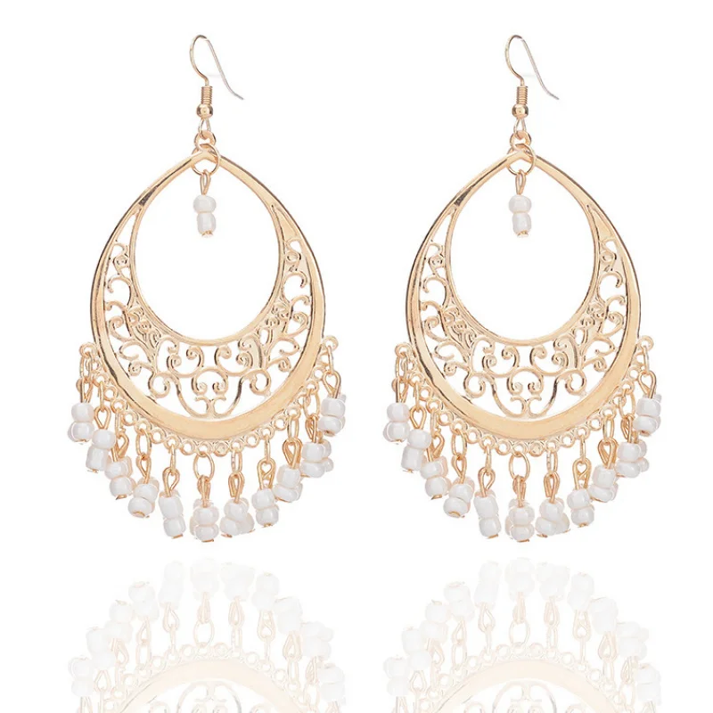 Bohemian Earrings Spliced Circle Matte Color-Block Stud Earrings Elegant Personality Rice Bead Tassel Trendy Women's Earrings