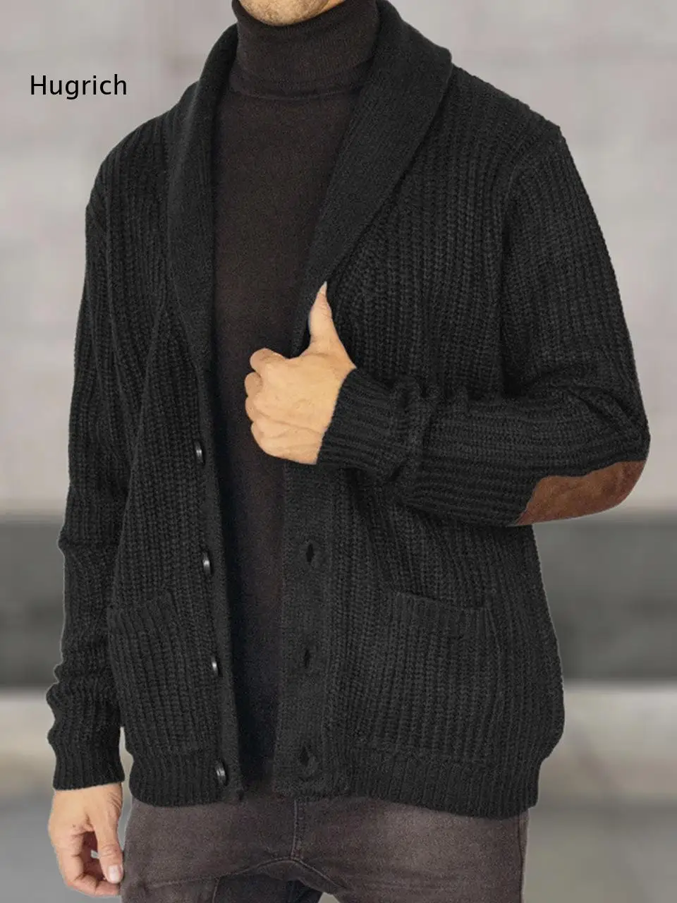 Men Shawl Collar Knit Cardigan Contrast Elbow Patch Button Down Long Sleeve Sweater Coat with Pockets