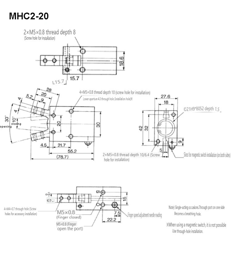 MHC2 Serie Pneumatischer Fingerzylinder mit Drehpunkt, Öffnungs- und Schließfunktion, Luftgreifer, doppelt- und einfachwirkend, Winkel-Luftklauenroboter, pneumatisch – Detail 9