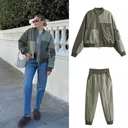 Patchwork Bomber Jacket Pants Women 2-częściowy zestaw jesienno-zimowy wyściełany bawełną Casual Zip Coat Suit Pocket Baggy Pant Outfit