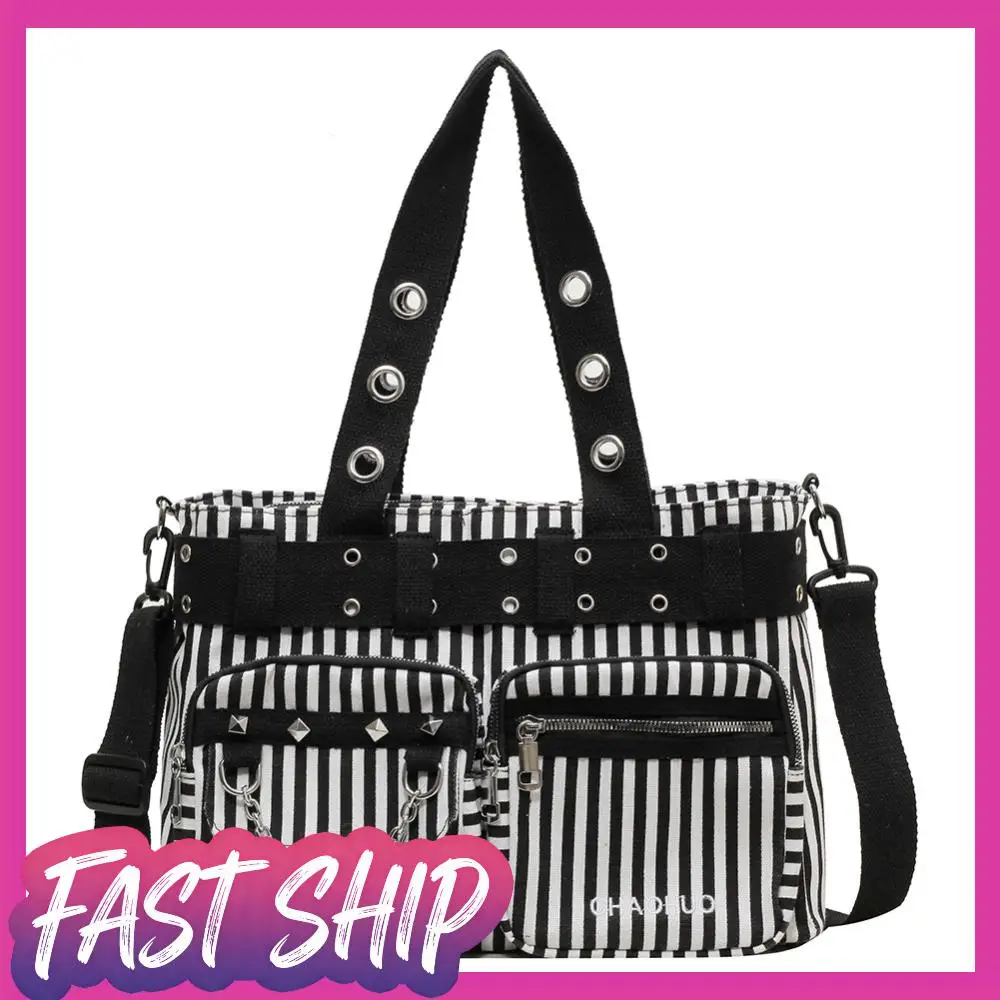 

Women Rivet Crossbody Bag with Chain Canvas Rivet Tote Handbag Zipper Closure Punk Style Sling Bag Rock Girls Daily Bag