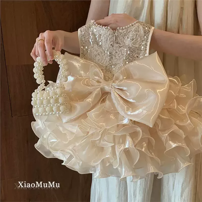 Girls Sequin Puffy Dress Kids Bead Flower Hemline Princess Dresses Baby Birthday Party Gown Ball Children Clothes 1-8 Years