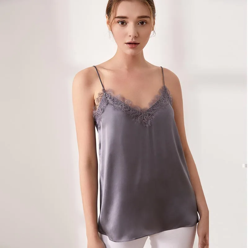 Birdsky, 1PC Kobiety seks camisole tank top kamizelka V neck miękka koronka 100% prawdziwy jedwab morwowy jednolite kolory, S-729