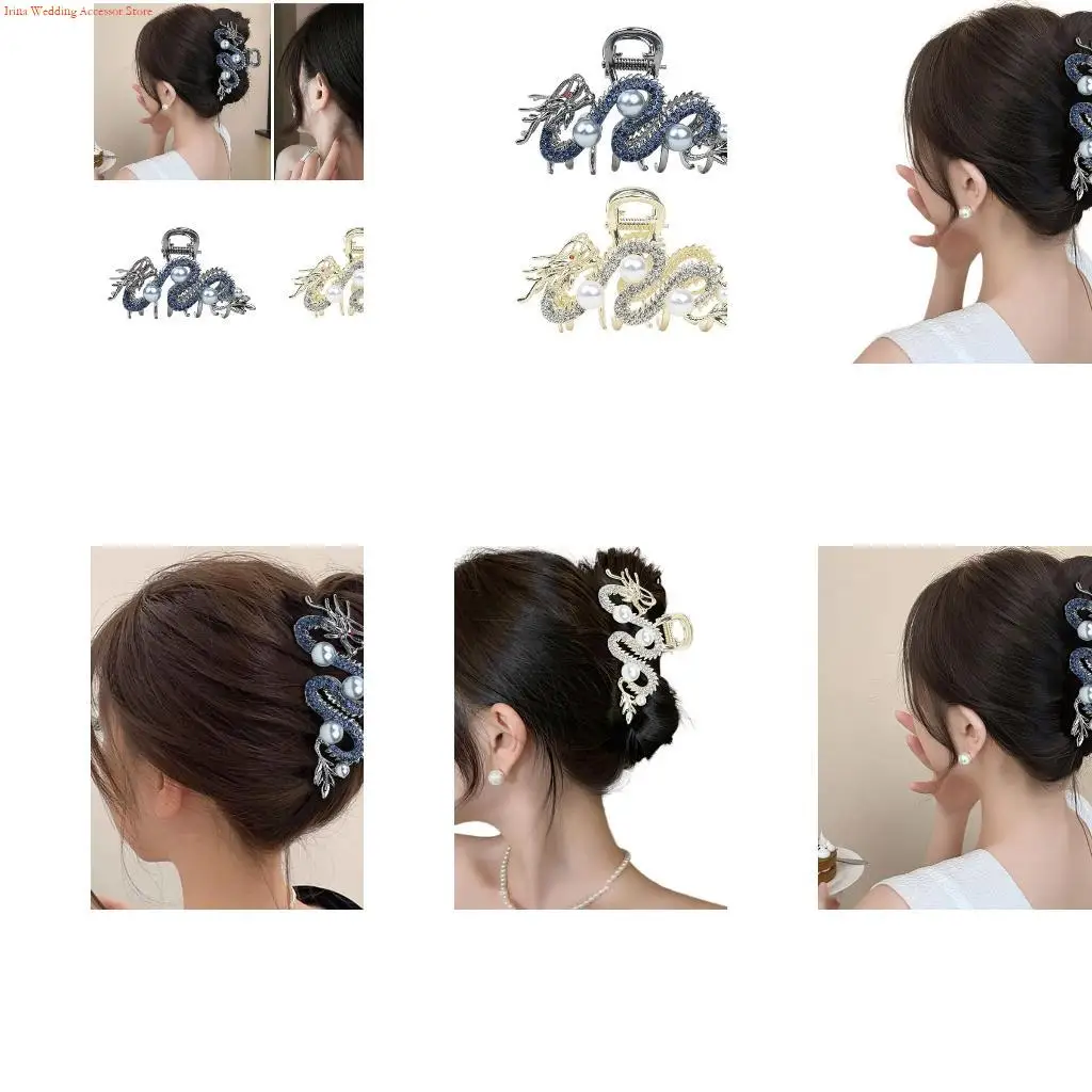 G92D New Year Zodiac Hair Claw Clip for Women Girls Domineering Chinese Dragon Diamante Blingbling Pearls Hair Claw Jaw Clip