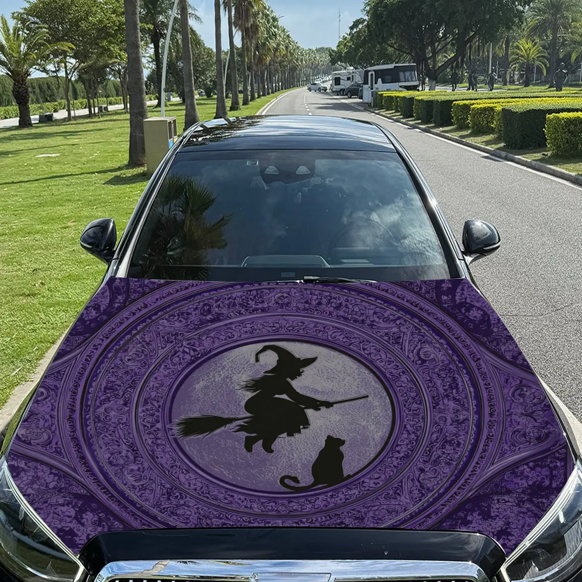

Witch and Black Cat on Purple Pattern Background Car Vinyl Wrap, PVC Material Waterproof Car Hood Sticker, Self-Adhesive Scratch