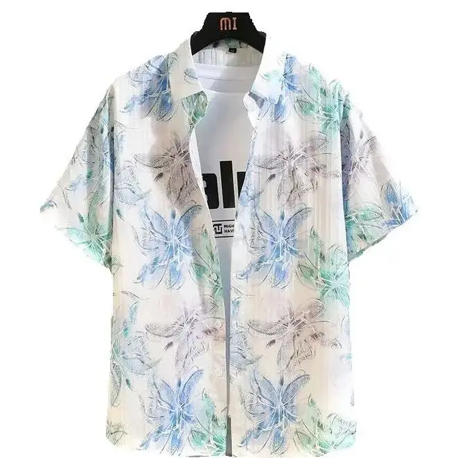 

Men's Hawaiian Flower Print Short Sleeve Shirt Ice Silk Lapel Seaside Button-Down Casual Loose Top Fashion Hip Hop Streetwears