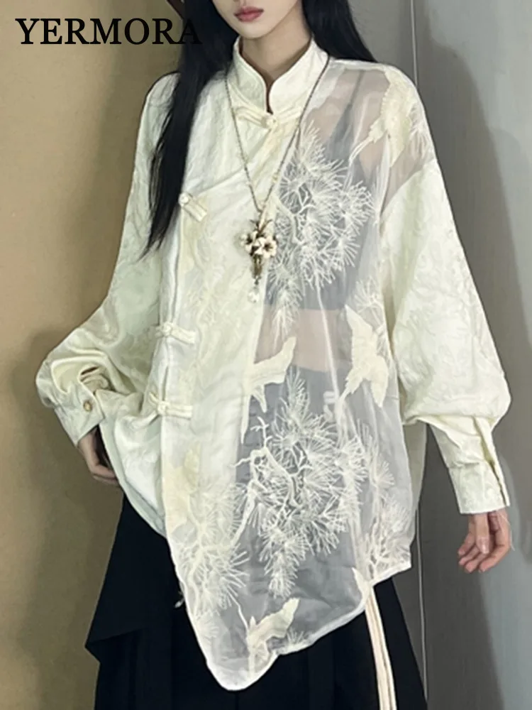 

YERMORA White Asymmetric Perspective Embroidery Blouse For Women Stand Neck Long Sleeve Loose New Shirt Fshaion Spring Summer