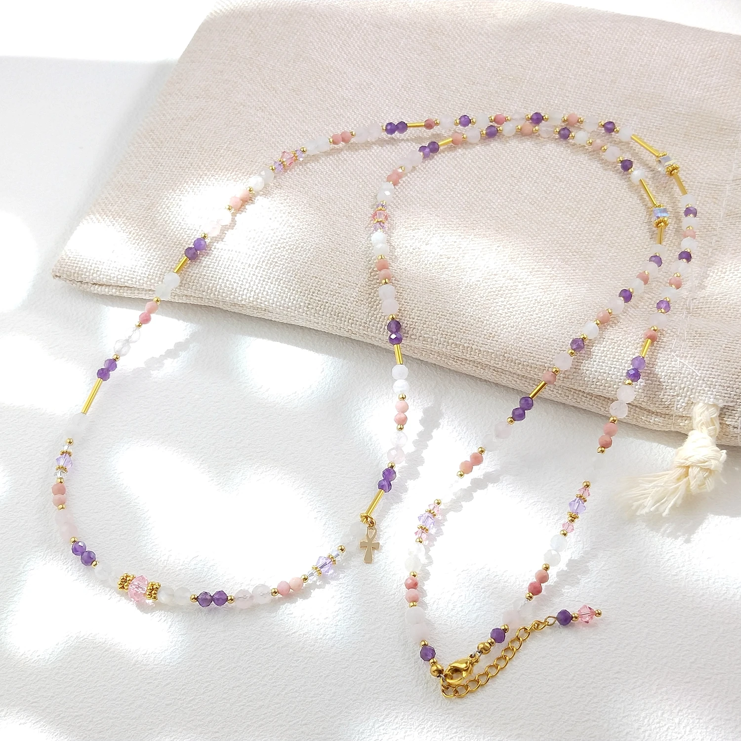 

Lii Ji Moonstone Rose Quartz Amethyst Rhodonite 3-4mm Beads Stainless Steel Gold Plated Waist Chain 87+3cm Handmade Jewelry