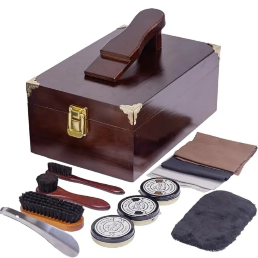 

10 Pcs Deluxe Shoe Shine Box Set and Shoe Care Polish Kit with Foot Rest Wooden Care Tools Storage Box Perfect for Multi- Leath