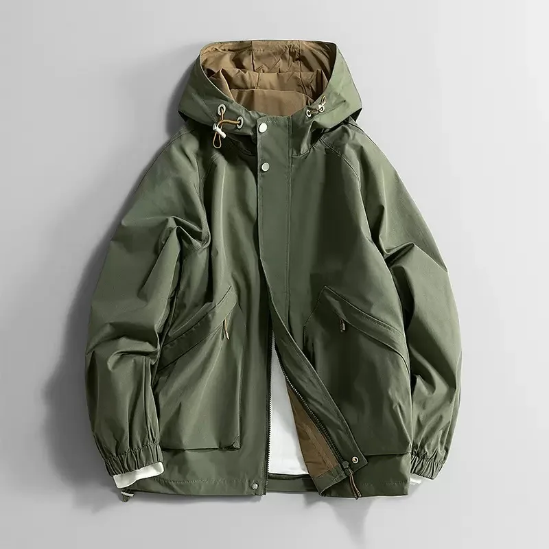 

Autumn and Spring New Pure Color American Vintage Windproof Hooded Windbreaker Men's Casual Loose Sports High Quality Jacket