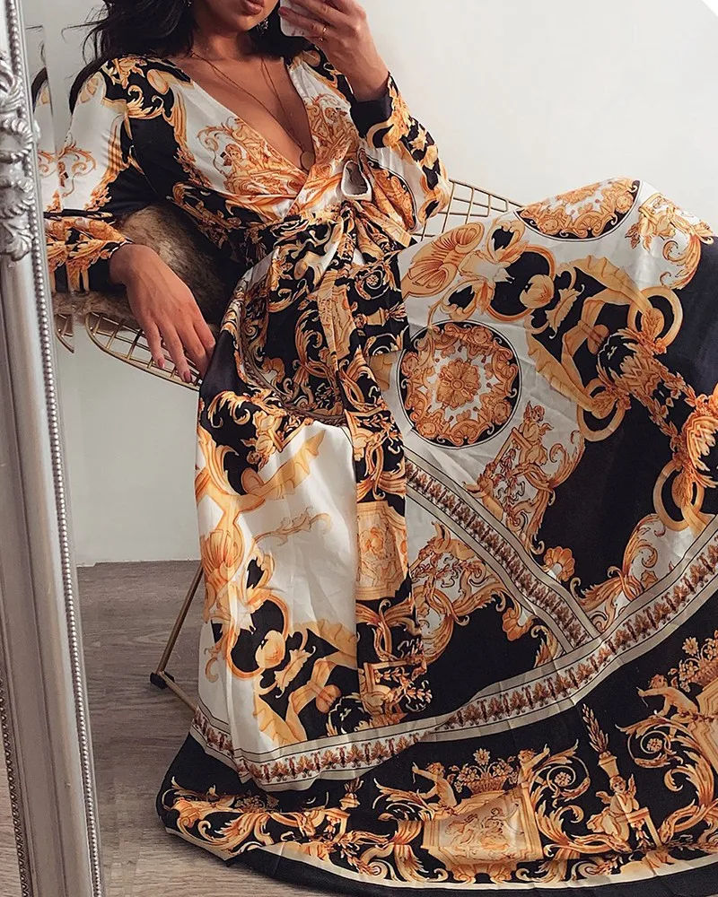 2024 Early Autumn New Sexy V-Neck Women's Retro Printed Long Sleeved Evening Dress, European And American Dress