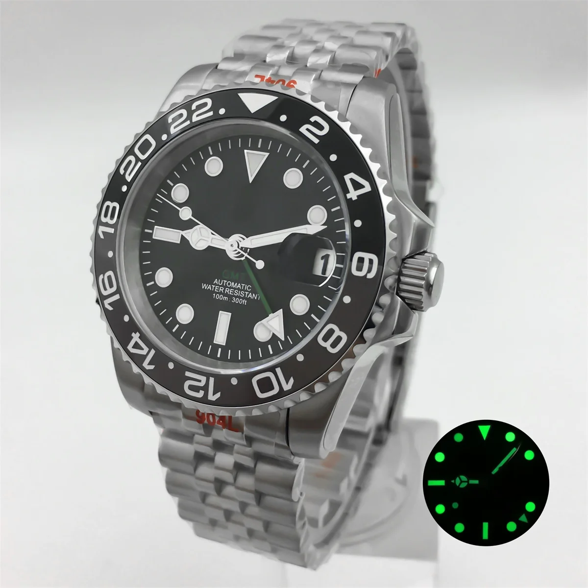 BLIGER 40mm GMT Men's mechanical watch NH34A Sapphire Glass Black gray ceramic bezel Green GMT letters Black dial Green luminous