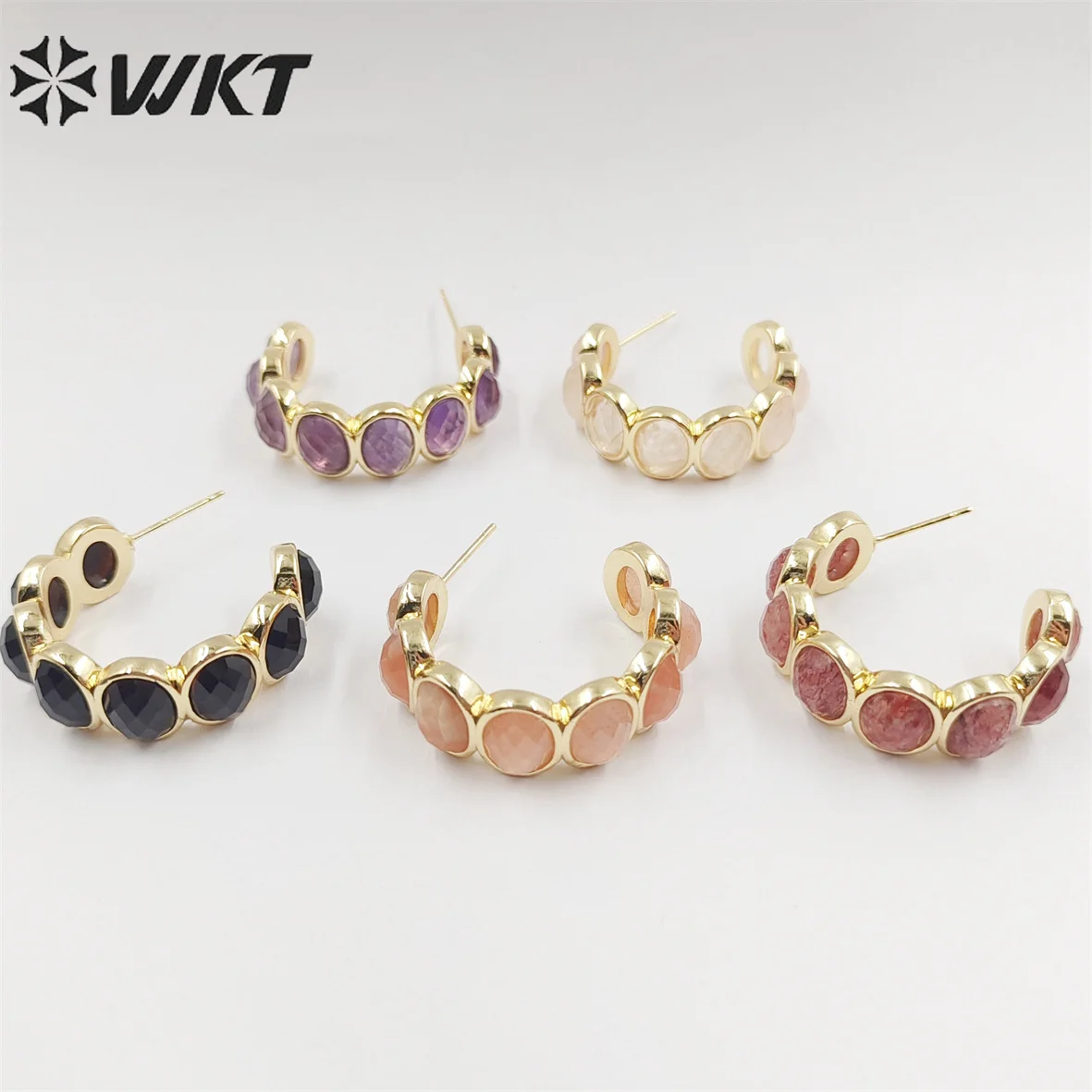 WT-E707 Amazing Fashion Women Natural Gemstone Setting Letter C Crescent Horn Earrings Lady Anniversary Jewelry Findings