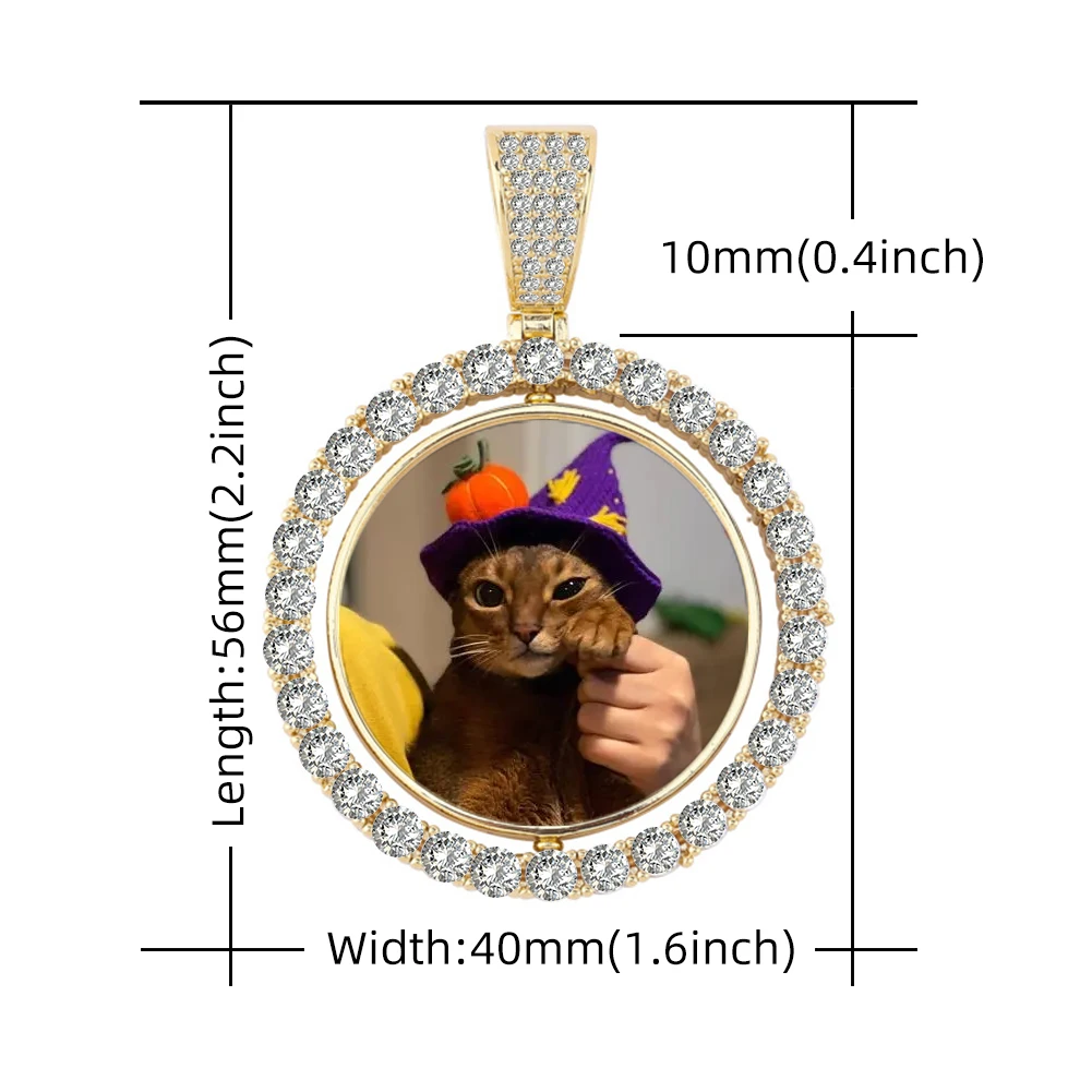 Hip Hop Custom Rotating Photo Frame Pendant Iced Out Zircon Double Side Photo Memory Medal Pendant Necklace Jewelry