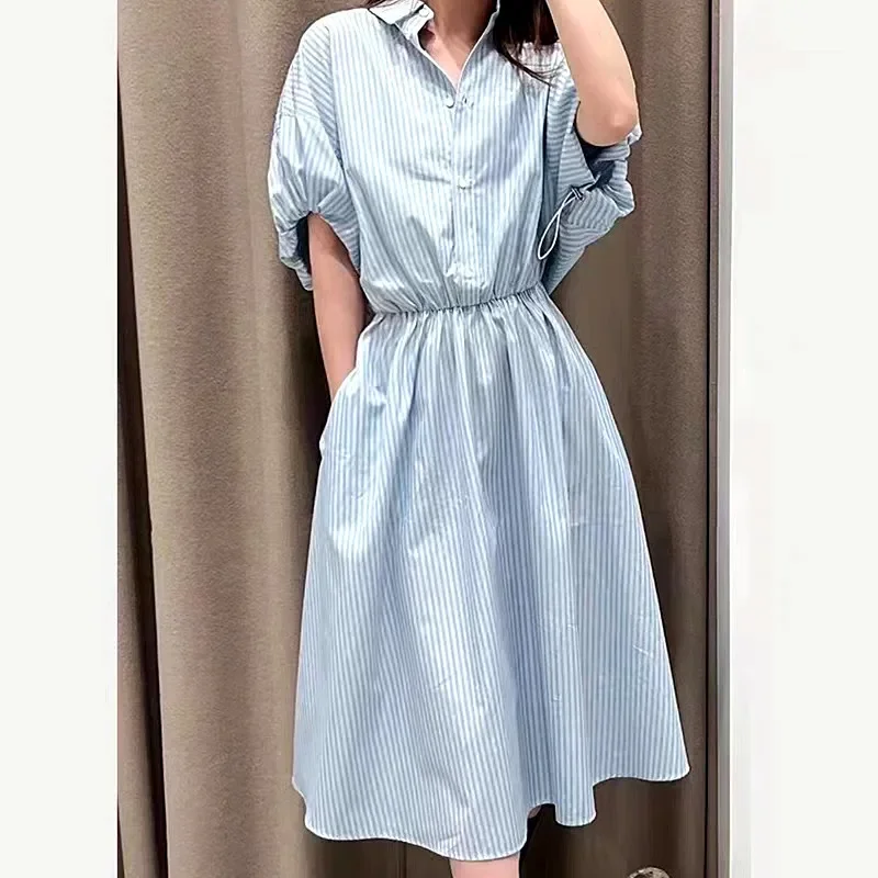

Women Blue Striped Robe Short Puff Sleeve Turn-down Collar Elastic Waist Single Breasted Casual Spring 2024 Midi Dress