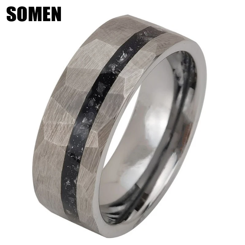 Somen 8mm Tungsten Carbide Hammered Wedding Ring For Men Fragment Opal Inlay Silver Color Engagement Party Fashion Jewelry Gift