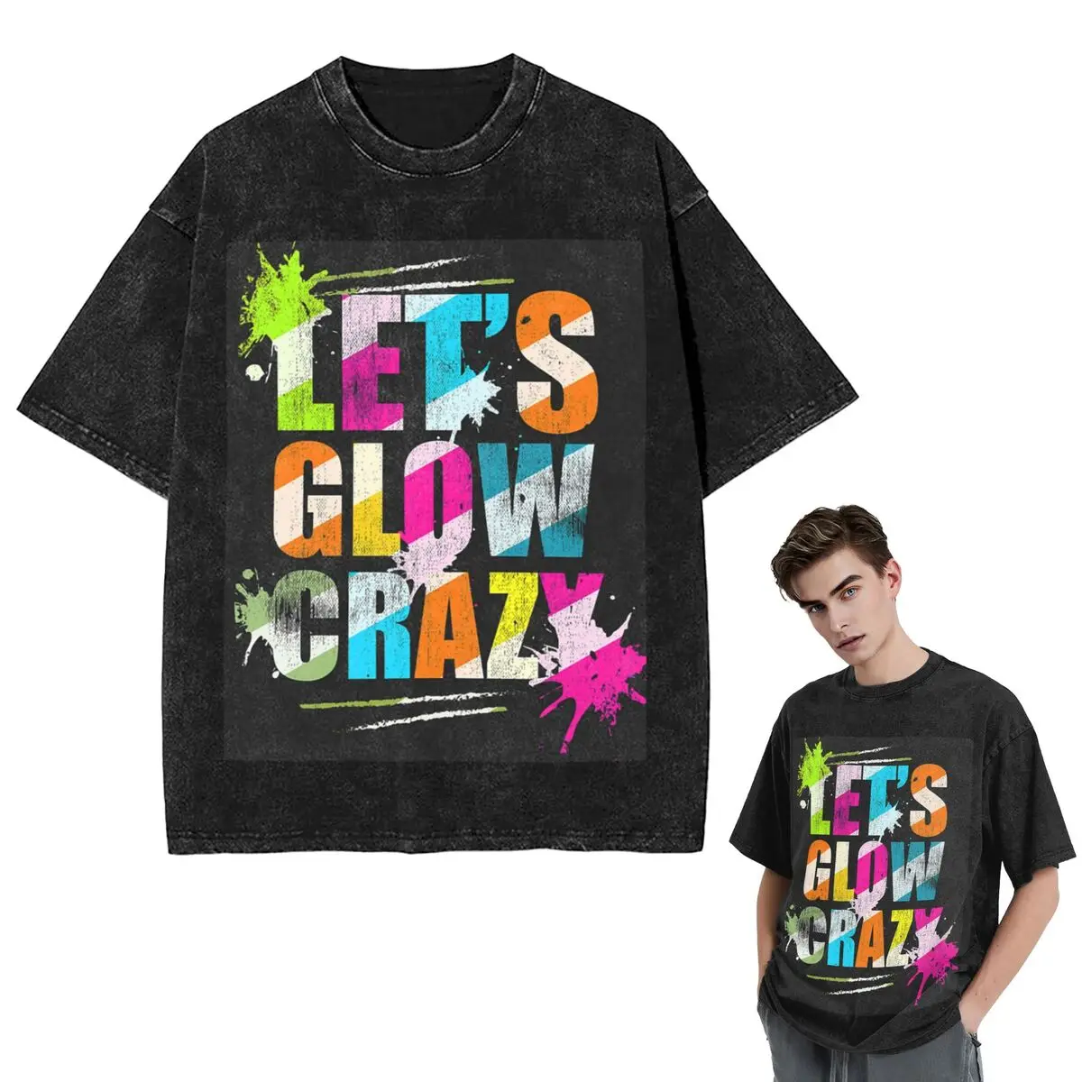 

Streetwear T-Shirts Let's Glow Crazy Neon Party Light Rave Washed T Shirt Short Sleeve Hip Hop T-Shirt Tops Tees for Men Women