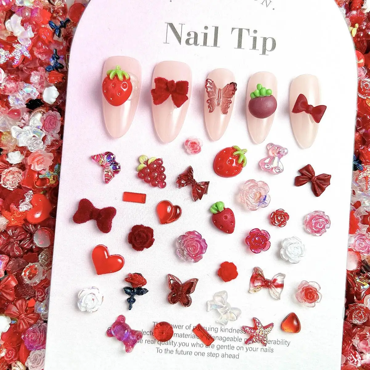 3D Resin Multi-Style Red Strawberry Star Mixed Nail Charms Wine Bow Gradient Flower Nail Art Decoration Supplies for DIY Crafts