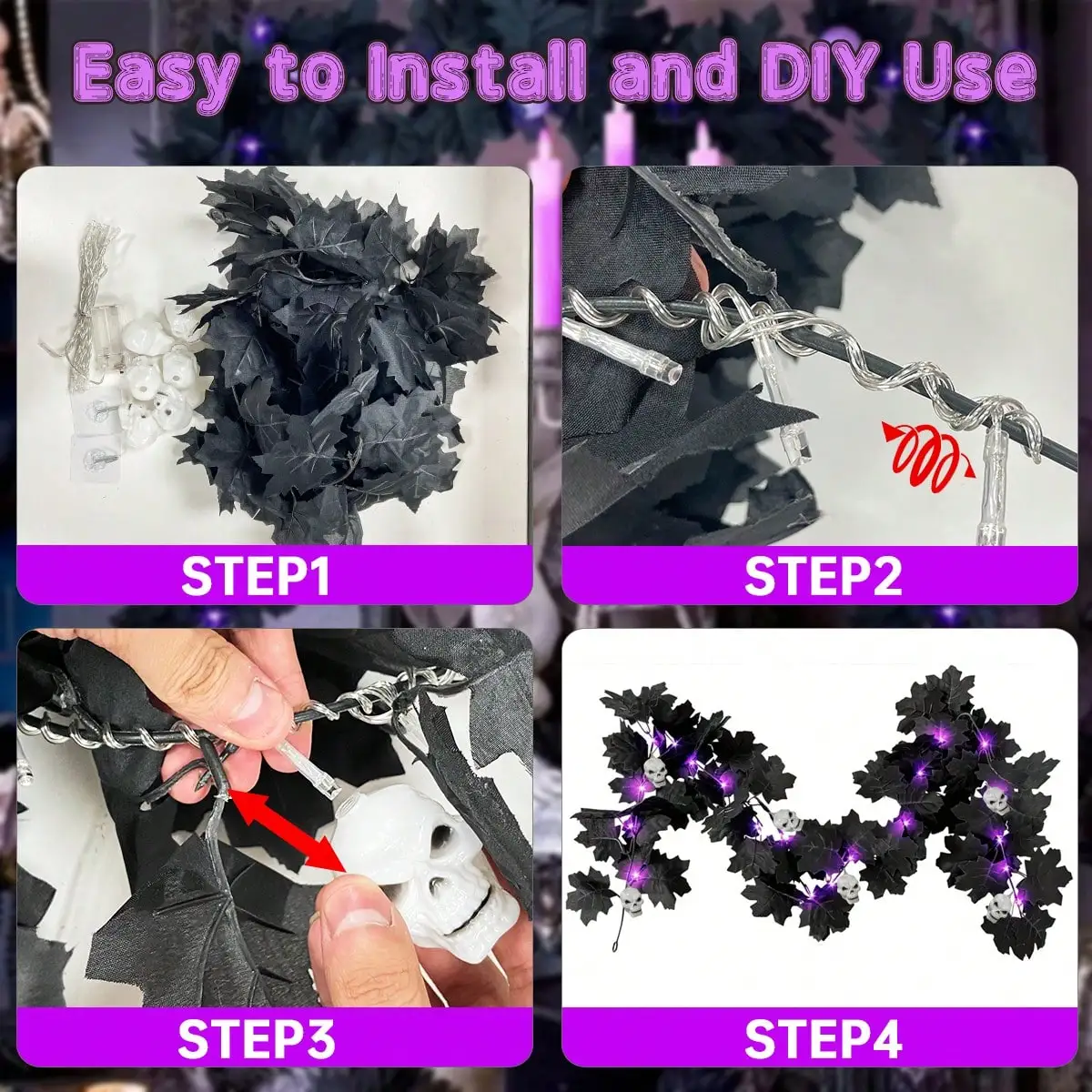 1 قطعة أوراق القيقب الأسود جارلاند مع الهيكل العظمي الأرجواني LED أضواء بطارية تعمل بالطاقة للمنزل غرفة نوم غرفة المعيشة ديكور داخلي للحفلات