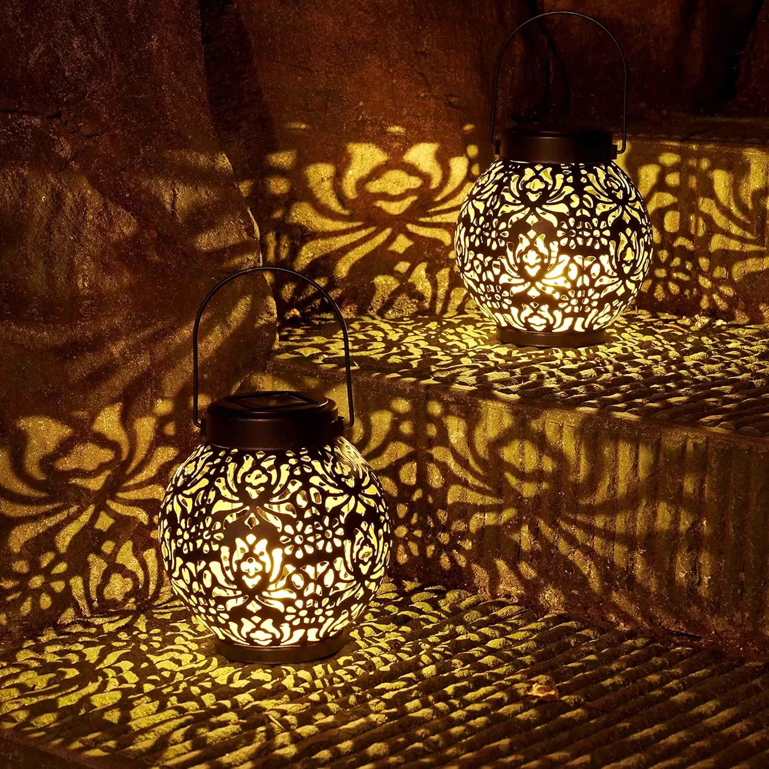 في الهواء الطلق حديقة المناظر الطبيعية الديكور أضواء الشمسية LED المعادن للماء أضواء فانوس مستديرة معلقة أضواء الإسقاط جوفاء #2