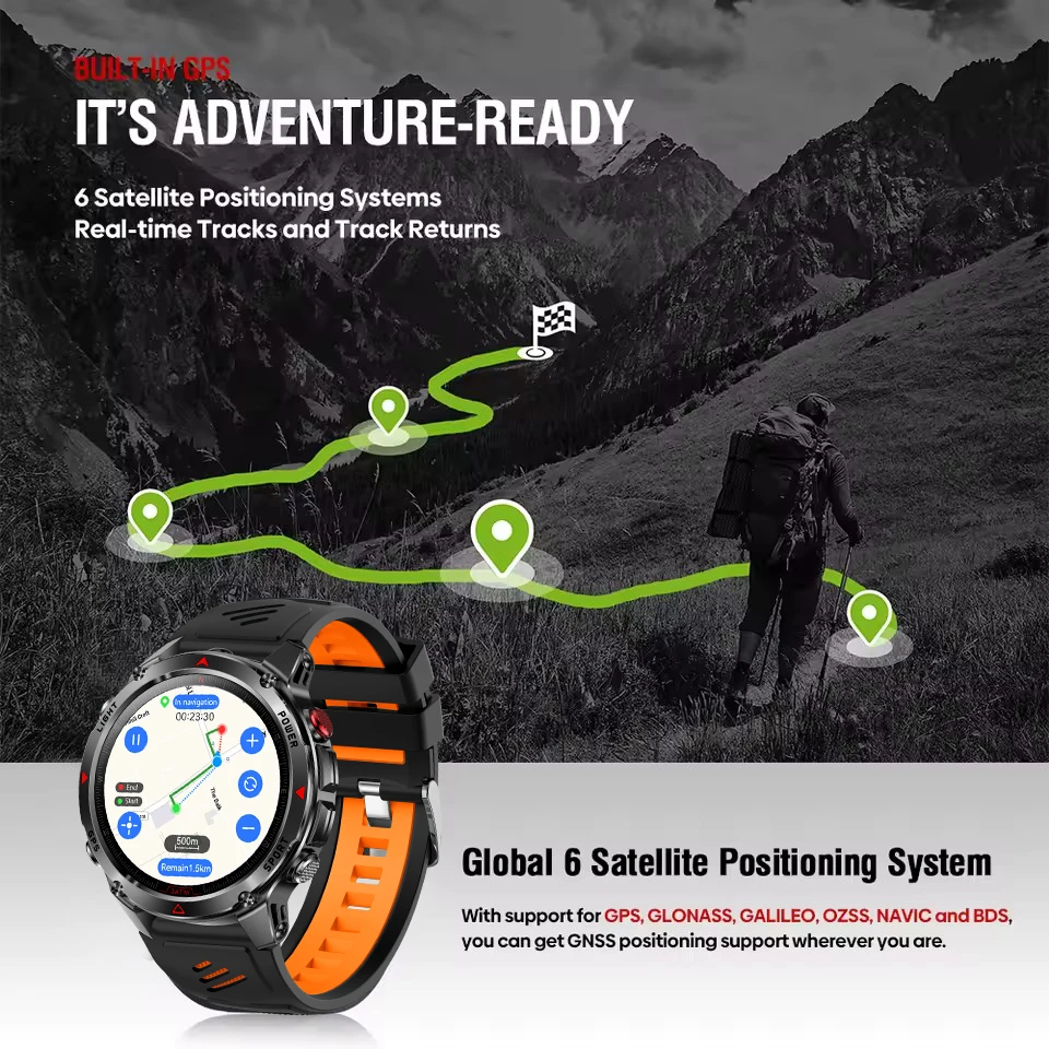 Outdoor GPS Smart Watch Men 1.46" AMOLED Display Built-in Compass Barometric Altimeter Flashlight Waterproof BT Call Smartwatch