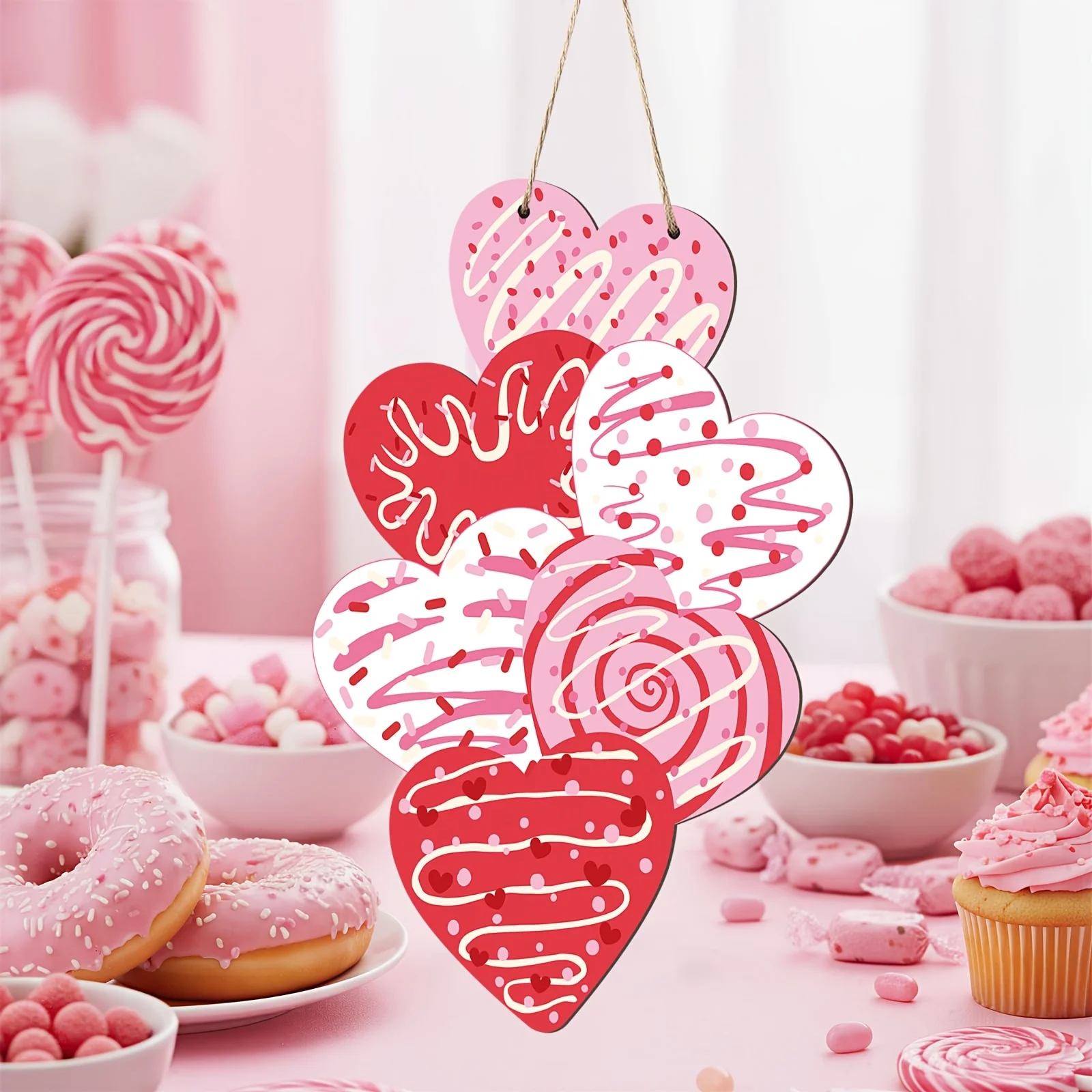 Valentine's Day Heart Wooden Hanging Sign, Candy Sprinkle Pattern Wood Plaque, Romantic Front Door Wall Hanging Decor