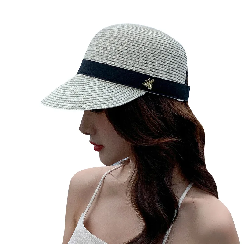 Women\'s Fashion Straw Bee Baseball Cap Summer Outdoor Sunscreen Sun Rebound Cap Travel Beach Duck Tongue Cap