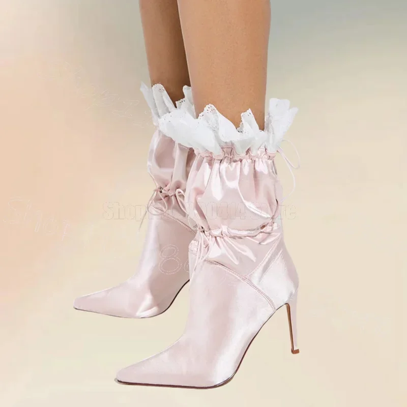 

Falbala Design Pink Elastic Band Pointed Toe Boots Slip On Women Shoes Thin High Heels Party Banquet 2025 Zapatos Para Mujere