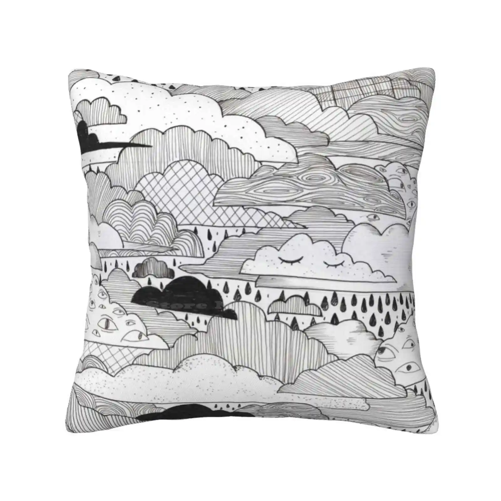 Clouds Pillow Cover Hug Pillowcase Clouds Cloudy Pattern Sketch Cute Sweet Weather Nature Beach Sky Raindrops Black And White